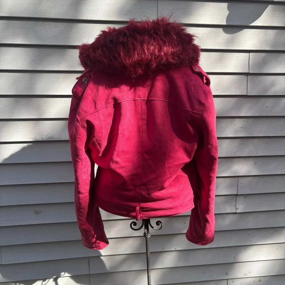 Pink Faux Suede Moto Jacket with Faux Fur Collar‎ Medium Baddy - Picture 8 of 13